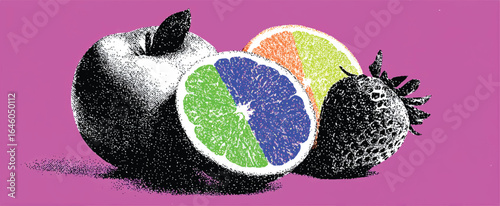 Abstract Fruit Still Life in Halftone with Apple Orange Strawberry and Segmented Citrus on a Purple Background Artistic Presentation