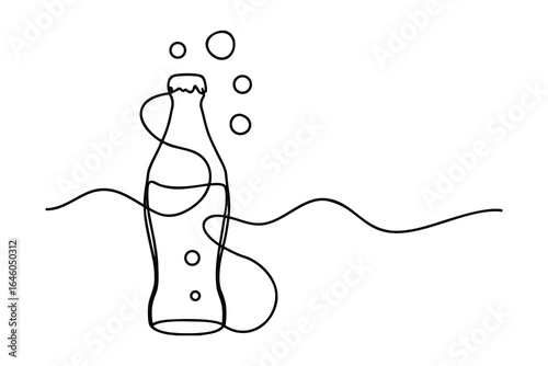 Single line art a soda bottle with bubbles waves drink beverage