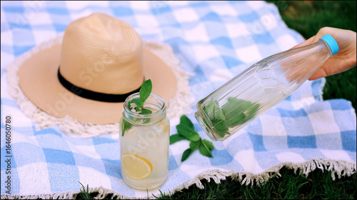 iced lemonade with mint leaves in glass jar on picnic blanket