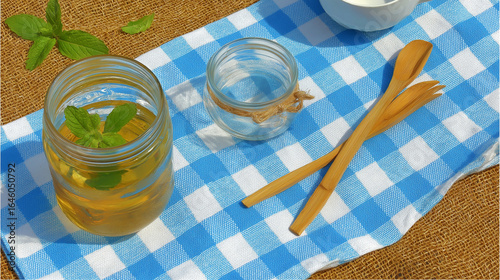 iced lemonade with mint leaves in glass jar on picnic blanket