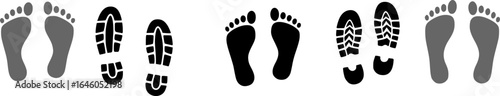 Footprint icon. Human barefoot or shoes footsteps. Foot track silhouettes. Boot and sneaker sole prints. Footwear trail shapes. Leg traces collection. Feet imprint. Vector symbol set