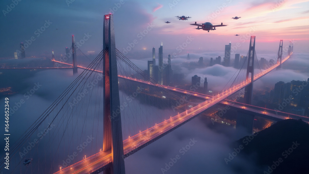 Obraz premium Suspended luminescent bridges — ideal for futuristic settings, innovative infrastructure projects, or high-tech night city visions.