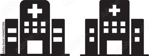 Two identical hospital building silhouettes with a cross symbol on top silhouette