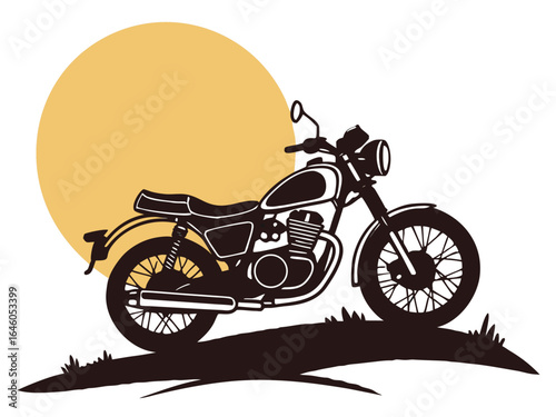 Silhouette of an Isolated Motorbike and Sun Background on White Background.