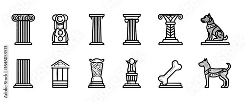 Ancient Architectural Elements and Canine Sculptures Black and White Illustration Exploring Classic Structures and Dog Statues Featuring Greek Columns and a Canine Motif