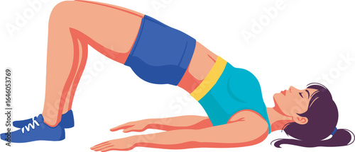 A woman performs a bridge exercise, lifting her hips off the ground.