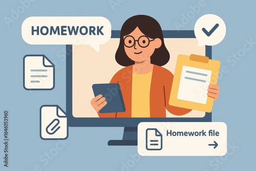 Flat design of teacher giving homework online — pop-up messages and files illustration