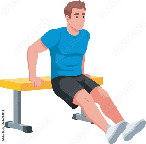 Man performing incline bench dips, a bodyweight exercise for triceps and chest strength.