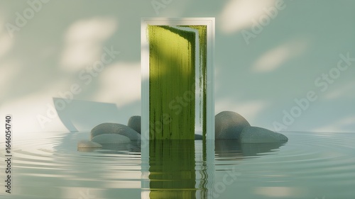 Serene Minimalist Scene: Moss-Covered Doorway in Tranquil Water with Stones and Soft Light