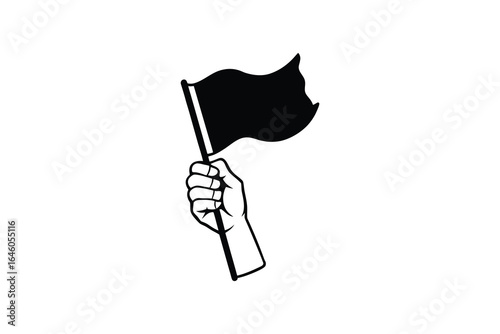 Hand holding a flag with a simple black and white illustration style on a plain white background silhouette