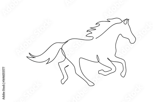 Single line drawing a galloping horse with flowing mane tail animal running