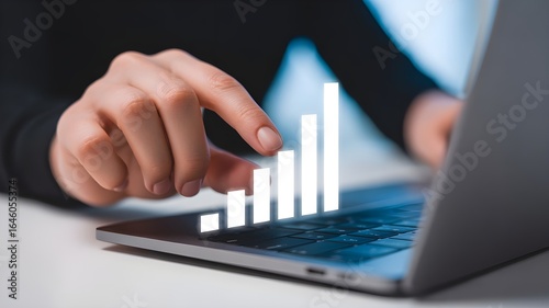 Close-up of hands interacting with glowing bar graph on laptop, signifying business growth and success