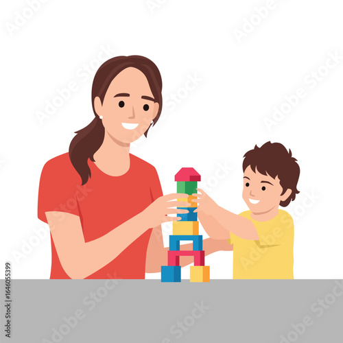 Mother and her son enjoy quality time together, stacking colorful blocks to create a playful tower. Flat vector illustration isolated on white background