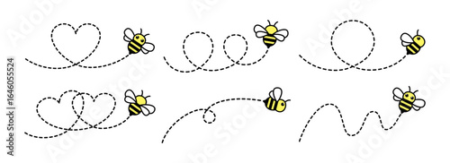 Collection of cut illustrations of flying bees. Cute bee characters. Simple dotted lines and bee illustrations.