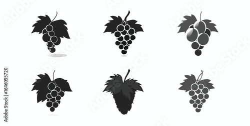 Assorted Grape Bunch Vector Icons Set in Black and White Representing Various Styles of Visual Design on an Isolated White Background