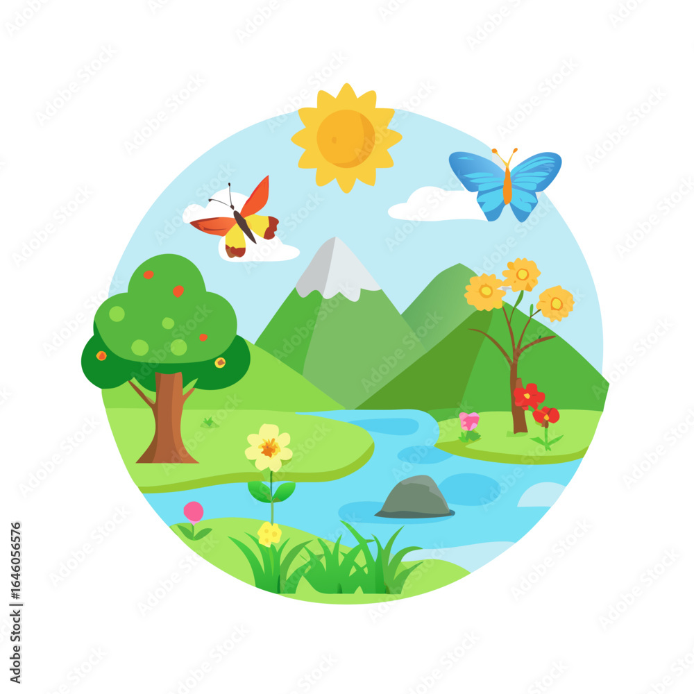 Naklejka premium Colorful cartoon nature scene with mountains, river, and flowers 