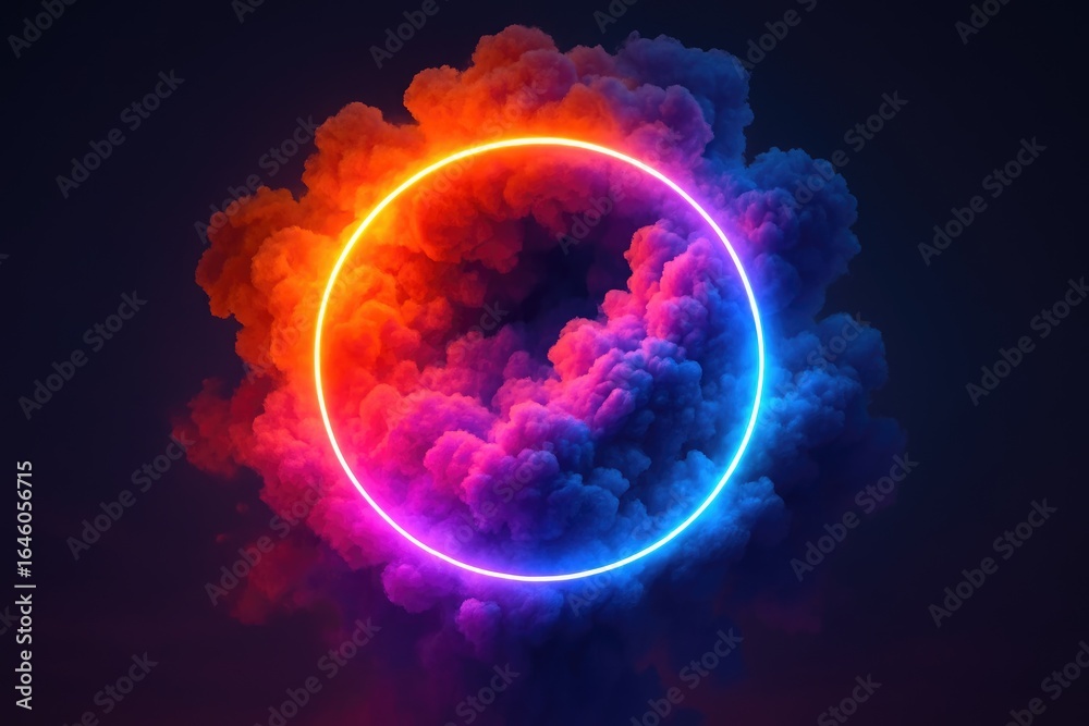 Obraz premium Neon Ring Encircling Colorful Smoke Cloud on Dark Background circle glowing