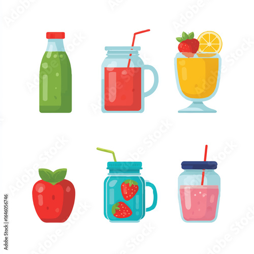 Assortment of fresh fruit smoothies and juices in glass bottles and jars for healthy eating and lifestyle choices promotion showcasing vibrant colors and appealing flavors