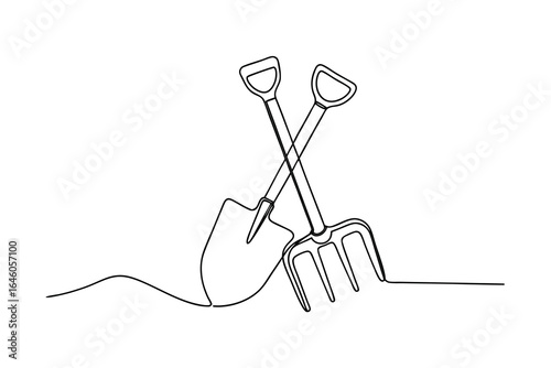 Single line drawing crossed garden spade fork tool gardening