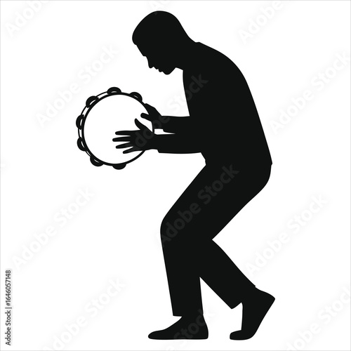 Silhouette of a man playing a tambourine musical instrument, rhythmic percussion performance, black and white isolated image, traditional music, live entertainment, cultural music expression