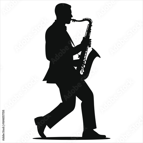 Saxophonist silhouette walking and playing saxophone, jazz musician in suit performing live on stage, black & white vector illustration for concert posters, music icons, urban band promo and event ads
