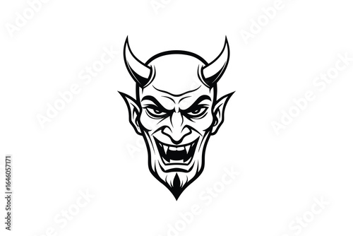 Black and white illustration of three different devil faces with horns and angry facial expressions on white background silhouette