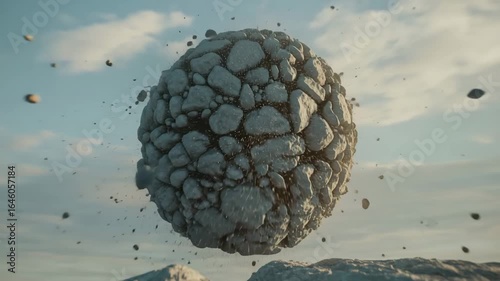 VFX effects of a sphere hovering in the air and rotating vertically around its axis, consisting of many stones that fly apart along with dust as a result of rotation. 4K.