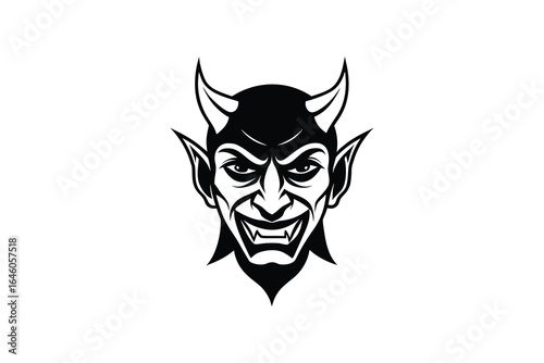 Vector illustration of three different devil faces with horns and evil expressions in black and white silhouette