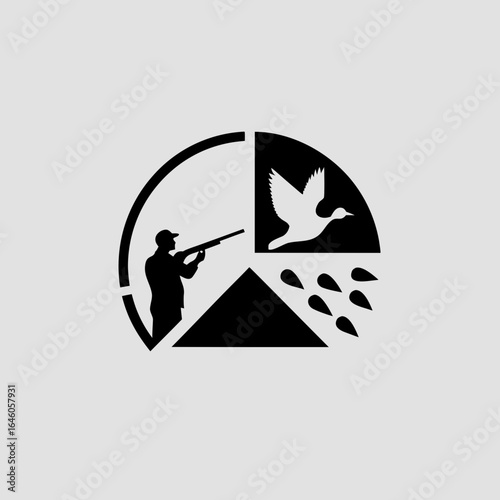 Silhouette of hunter aiming shotgun at flying duck bird with water drops vector