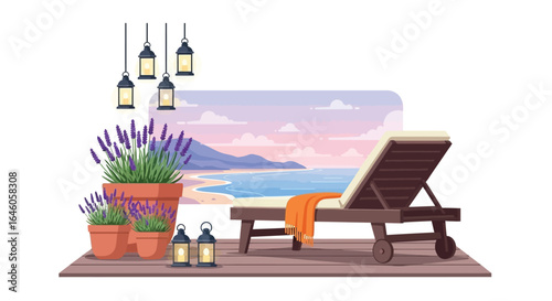Beach vacation deck chair lavender relaxing scene