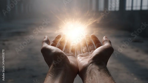 Open hands cupped upwards receiving bright light and radiating energy in  dim atmospheric space with  dark blurred background and concrete floor