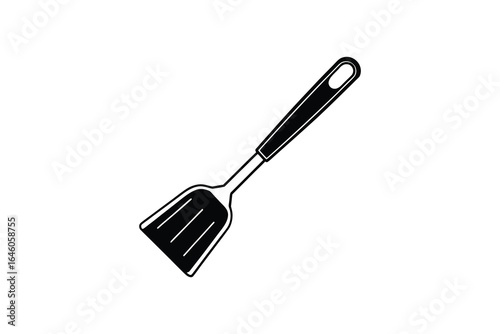 Black and white illustration of a kitchen spatula with a long handle and flat head on white background silhouette