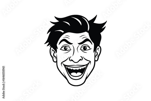 Cartoon illustration of a man with a wide toothy grin and excited expression on a white background silhouette