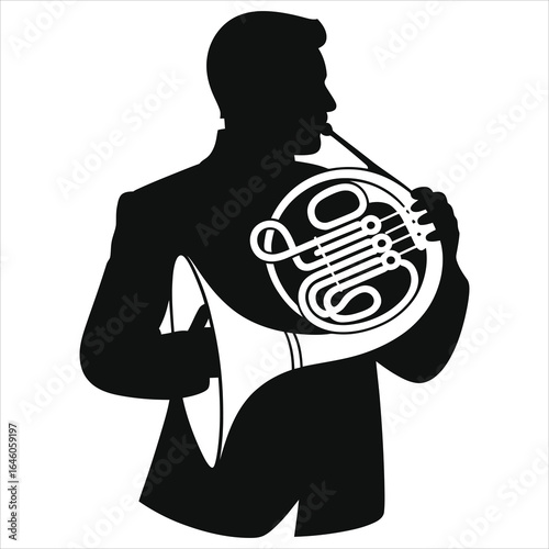 Black silhouette of a male French horn player in tuxedo playing brass instrument on white background, elegant orchestral musician profile classical concert vector illustration for poster and promotion