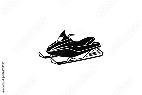 Black and white illustration of a snowmobile or snow scooter on a white background for winter sports silhouette