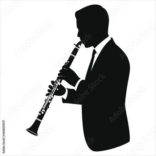 Elegant silhouette of a tuxedoed musician playing a French horn, refined brass instrument illustration for orchestral branding, concert visuals, classical music promotions, and sophisticated media use
