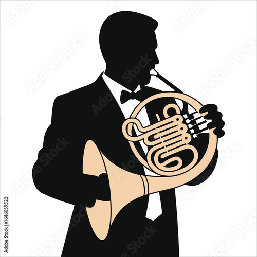 Elegant silhouette of a tuxedoed male musician playing a French horn, a refined classical brass wind instrument illustration for orchestral branding, music marketing, and concert visuals for playback!