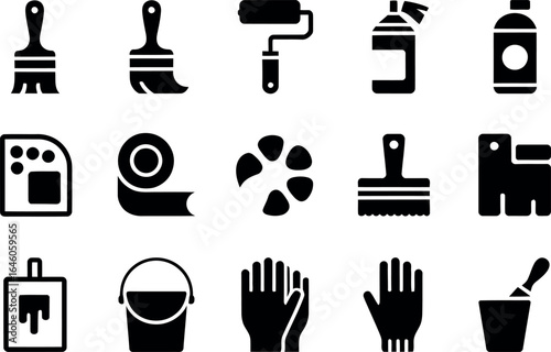 Painting tools icons: brushes, rollers, spray paint, and more.