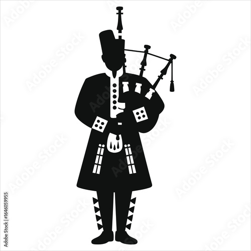 Black Silhouette of Traditional Scottish Bagpiper in Kilt, Hat, and Sporran Playing Bagpipes - Vector Illustration Icon for Music Festivals, Celtic Culture, Highland Heritage, Folk Art Designs
