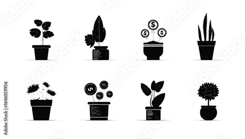 Black and White Potted Plants Collection Representing Growth and Prosperity Featuring Currency Symbols and Leafy Greens for Indoor Decor and Financial Concepts