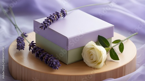 Elegant Lavender and Rose Gift Box on Wooden Display, Soft Purple and Green Hues, Romantic and Serene Mood