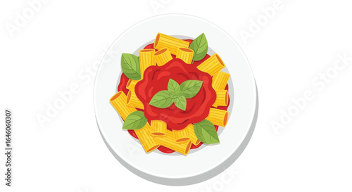 Delicious rigatoni pasta with tomato sauce and basil