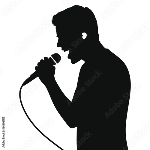 Silhouette of a Singer Holding Microphone, Black and White Illustration, Musician Art, Vocal Performance, Minimalist Design, Perfect for Posters, Logos, and Decorative Art