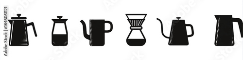 Black and white vector line art illustration of different coffee brewing methods showcasing a french press a pour over and various types of kettles for the coffee enthusiast
