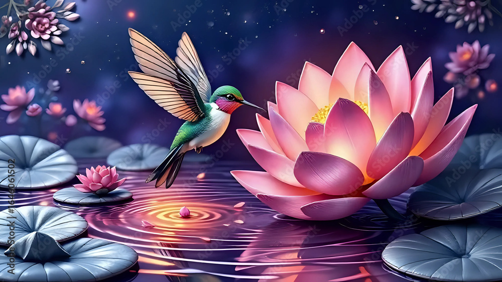 Obraz premium Hummingbird flying over a lotus