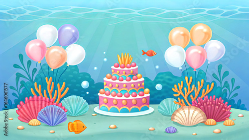 A vibrant, colorful birthday cake decorated with sprinkles and surrounded by balloons, seashells, and aquatic elements underwater.