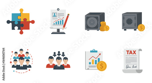 Illustration of business elements including puzzles, charts, safes, teams and tax document icons