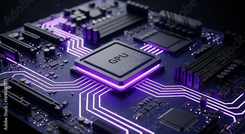 Modern GPU on motherboard showing vibrant neon pathways for maximum processing power and innovative technology