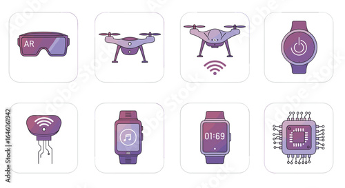 Illustration showcasing augmented reality glasses drones smartwatches and a microchip on white backgrounds