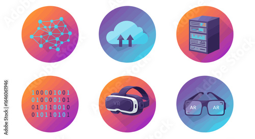 Collection of technology icons including cloud computing, vr, ar, and server equipment on gradient ovals